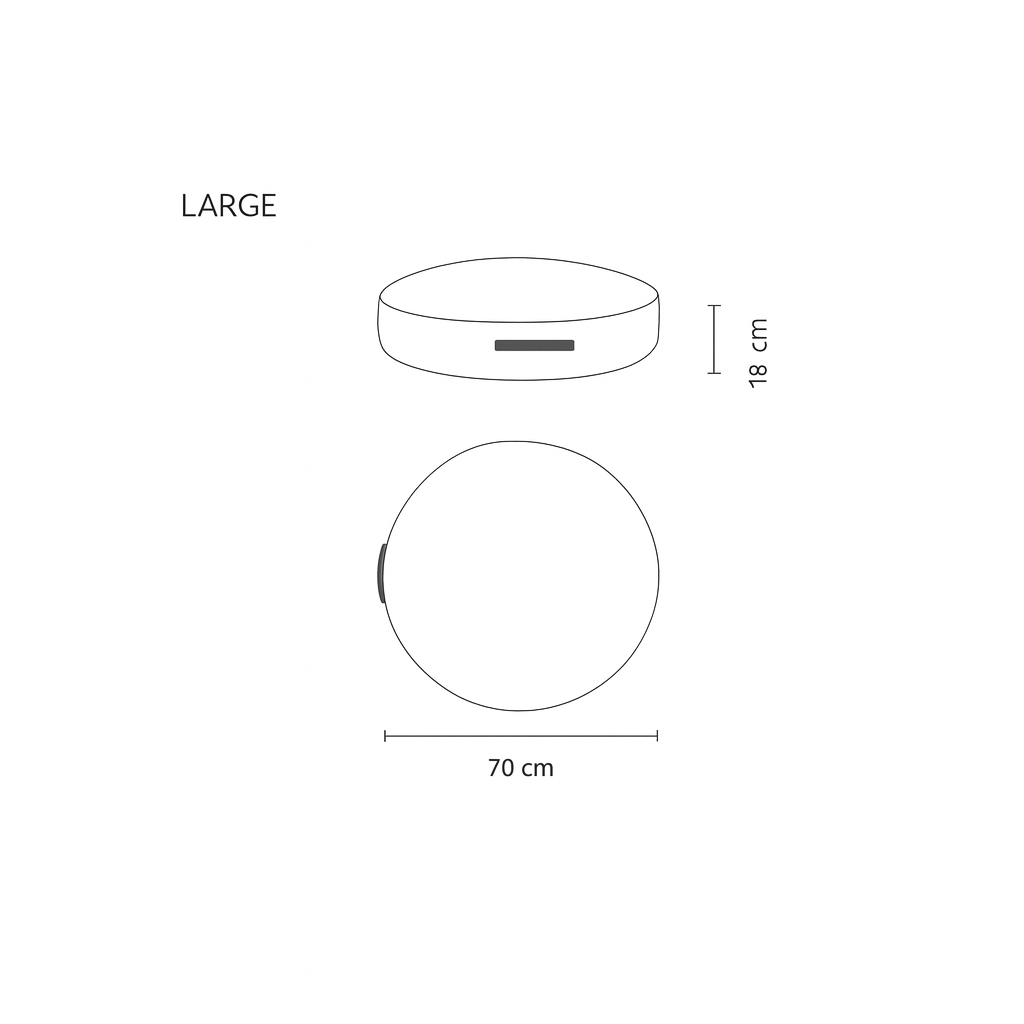 Technische Zeichnung des MWM Hundebetts in Größe L mit 70 cm Durchmesser und 18 cm Höhe – geeignet für kleine bis mittelgroße Hunde.