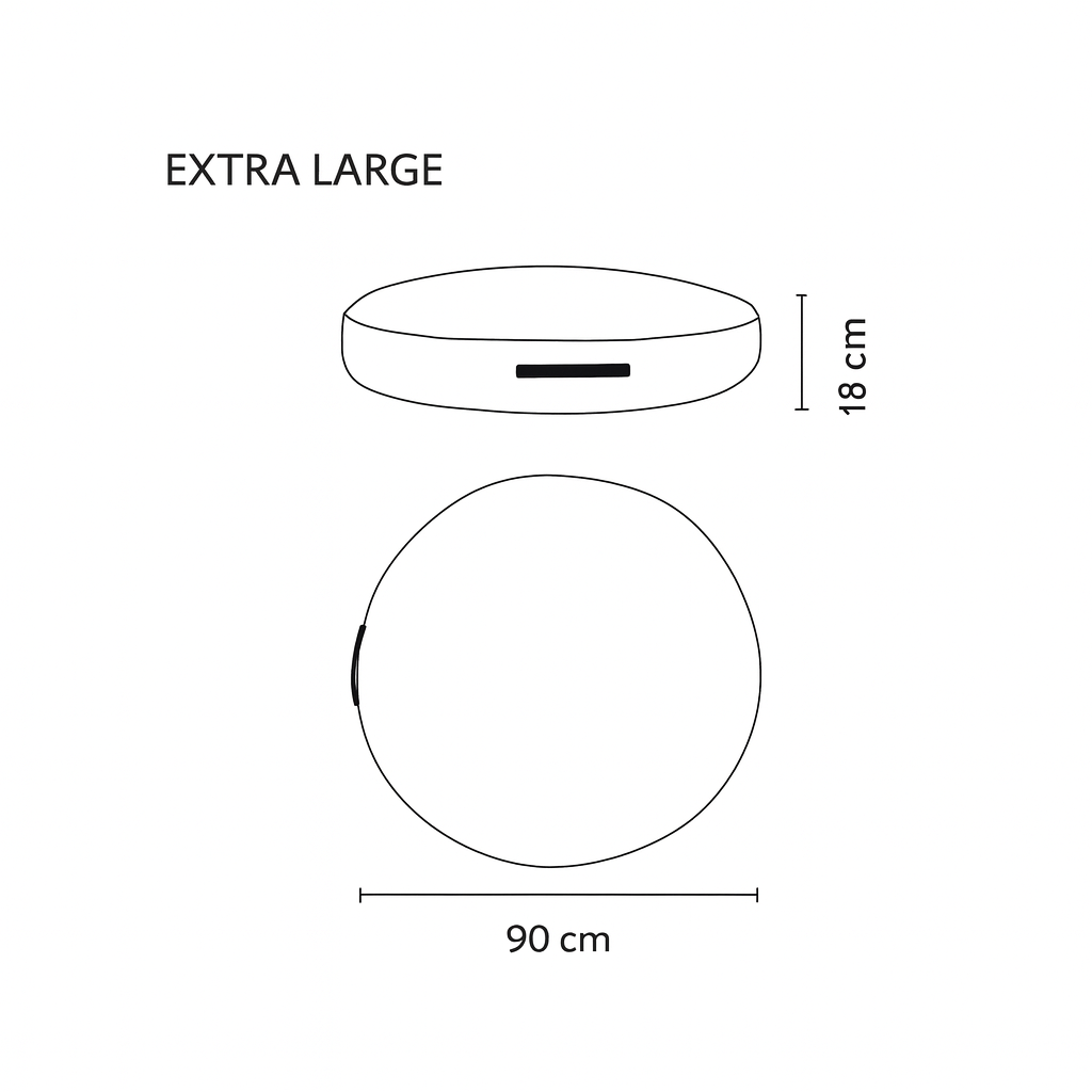 Maßskizze des MVM Hundebetts in XL mit 90 cm Durchmesser und 18 cm Höhe – ideal für mittelgroße bis große Hunde.