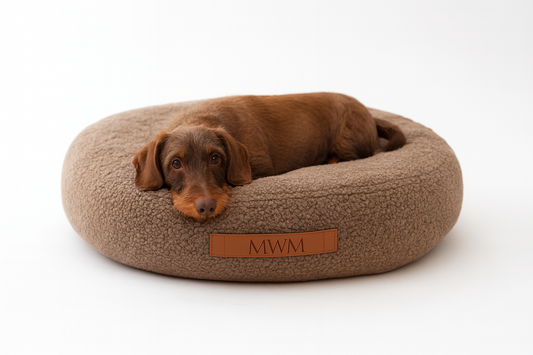 Dackel liegt entspannt in einem runden, waschbaren Hundebett aus braunem Bouclé-Stoff mit MVM-Logo – ideal für kleine bis mittelgroße Hunde.