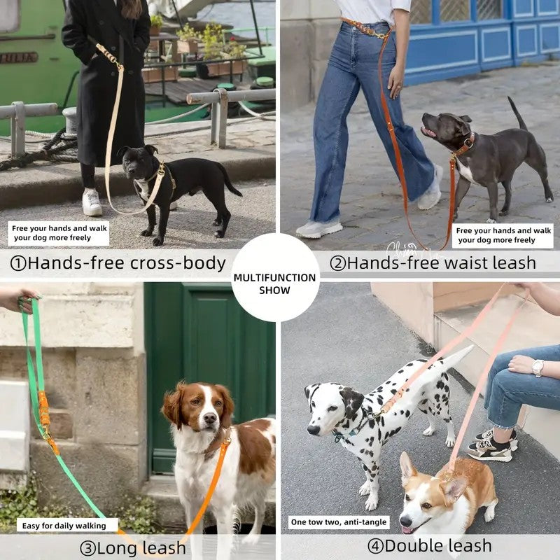 Umhängeleine & Doppelleine für Hunde in Cognac mit Blau, zeigt verschiedene Nutzungsmöglichkeiten.