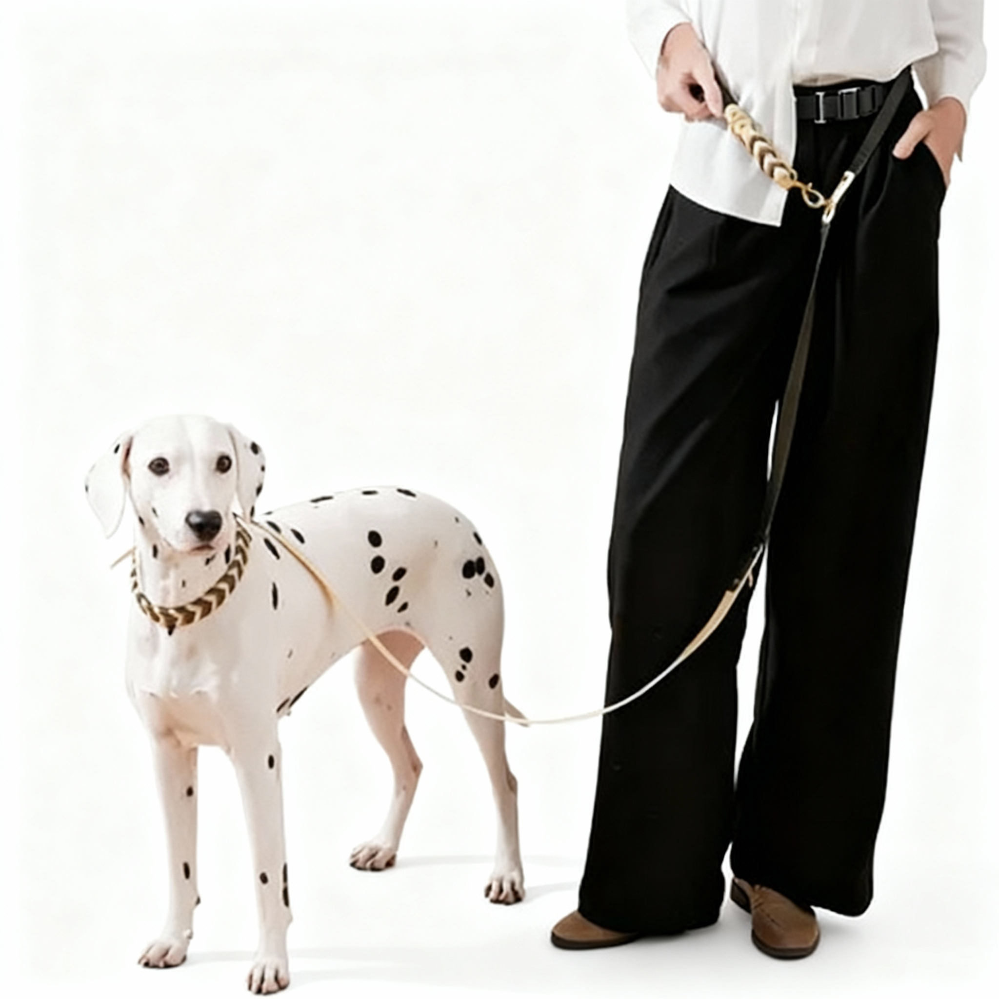 Umhängeleine & Doppelleine für Hunde in Braun & Beige, verstellbar, mit Hund und Besitzer im Freien.