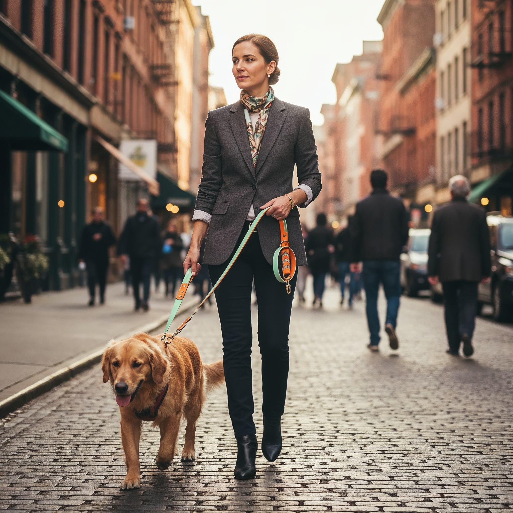 Frau mit Hund an der Umhängeleine & Doppelleine in Mint & Orange auf einer Stadtstraße.