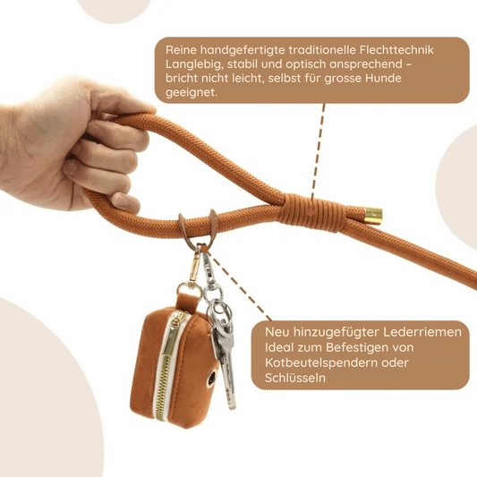 Hundeleine und Halsband Set aus Samt in Beige, handgefertigte Flechttechnik, stabil für große Hunde, mit Lederrem für Zubehör.