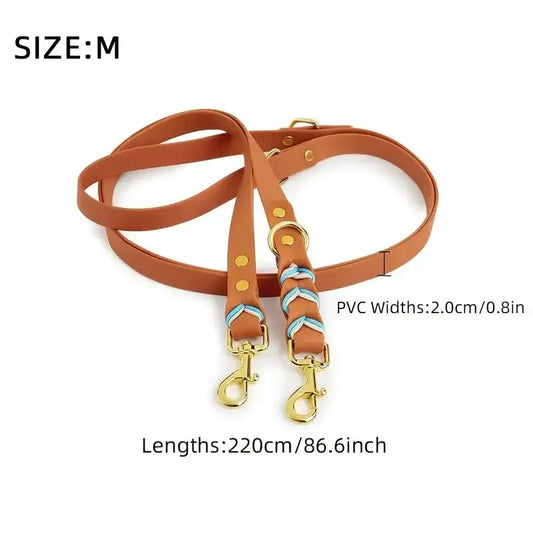 Umhängeleine & Doppelleine für Hunde, Cognac mit Blau, 220cm, wetterfest, für aktive Hundebesitzer:innen.